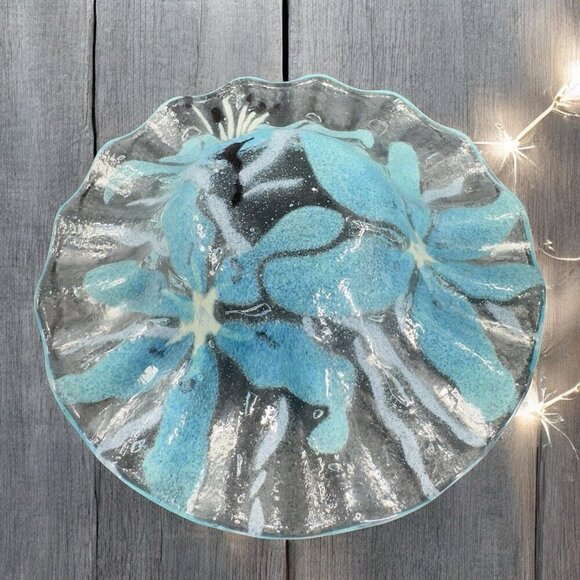 Sydenstricker Bowl Dish Fused Art Glass Ruffled Bowl Clear Blue Flowers Signed - Picture 2 of 15